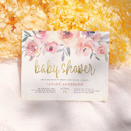 Rosa akvarellrosor Chic guldskrift Baby Shower Inbjudan Vykort