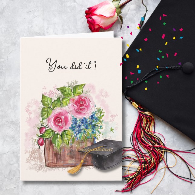 Rosa akvarellrosor Examen Grattis Kort (Pink Watercolor Roses Graduation Congratulations Card)