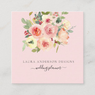 Rosa akvarellrosor fyrkantig fyrkantigt visitkort