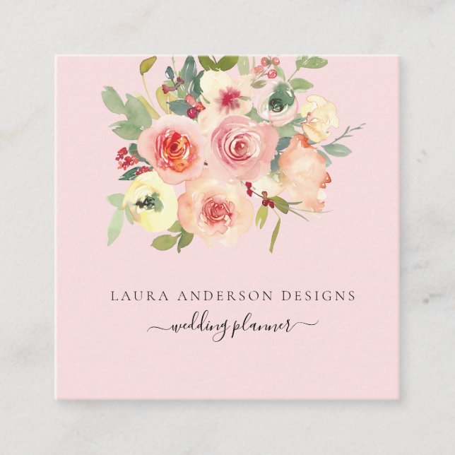 Rosa akvarellrosor fyrkantig fyrkantigt visitkort (Framsida)