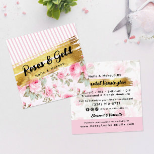 Rosa akvarellrosor & guld shabby chic fyrkantigt visitkort