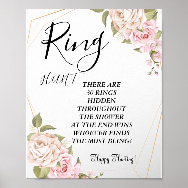 rosa akvarellrosor ring bröllopsdusch spelskylt poster (Framsidan)