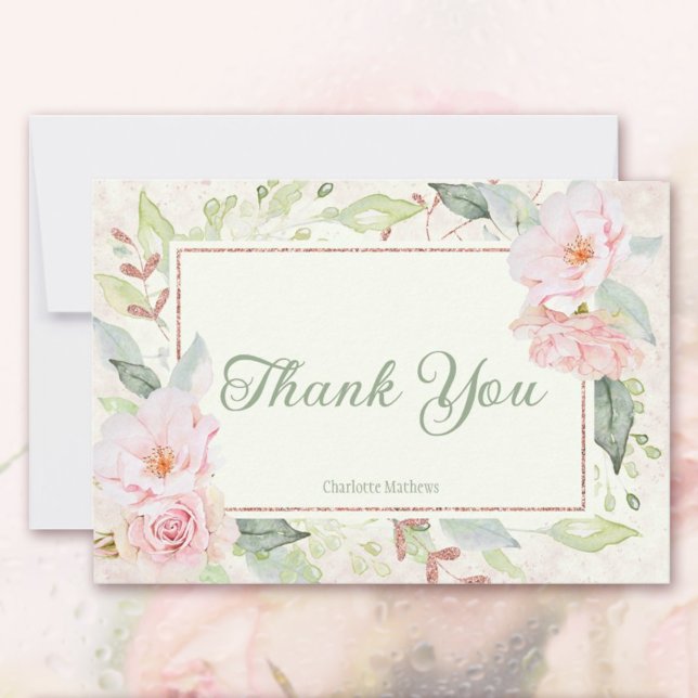Rosa akvarellrosor Salvia grön bröllopsdusch Tack Kort (Pink Watercolor Roses Sage Green Bridal Shower Thank You Card)