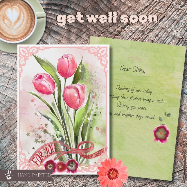 Rosa akvarelltulpaner Snart frisk kort (Pink Watercolor Tulips Get Well Soon Card)