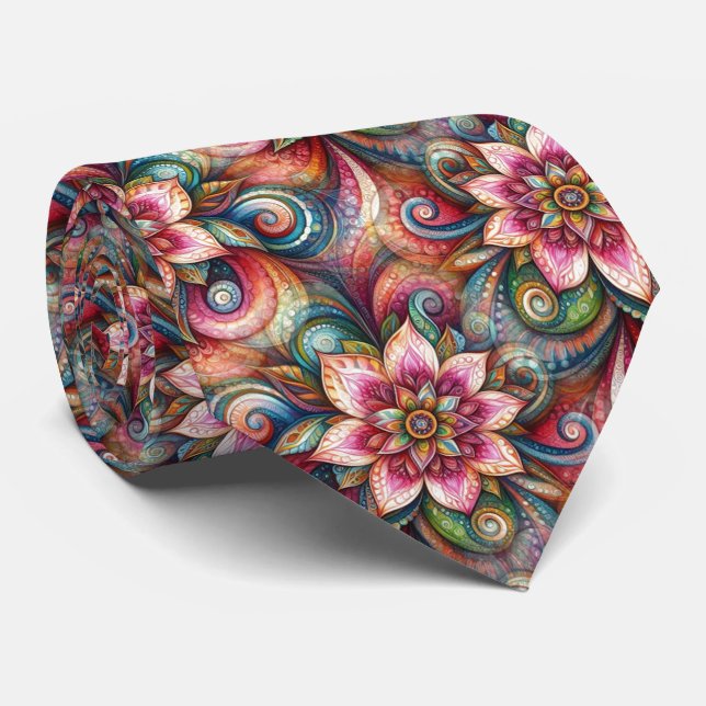 Rosa Akvatint Blå Grön Orange Paisley Mönster Slips (Rullad)