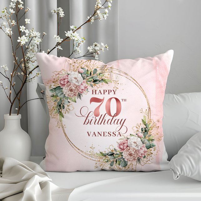 Rosa akvatint kudde med guldram 70-års  (Blush Pink Watercolor Pillow with Gold Frame 70th Birthday Pillow)