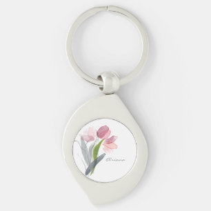 Rosa akvattenfärg Blommiga Tulpaner Vita Namn Swirl Silverfärgad Nyckelring