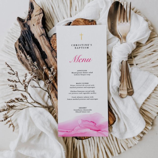 Rosa Alcohol Bläck Girl Baptism Christening Menu Meny (Skapare uppladdad)