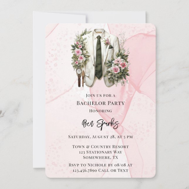 Rosa Alcohol Bläck Groom Kostym Bachelor Party Inbjudningar (Framsida)