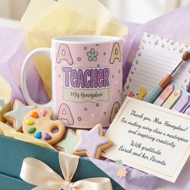 Rosa alfabetlärare skoltema  kaffemugg (Skapare uppladdad)