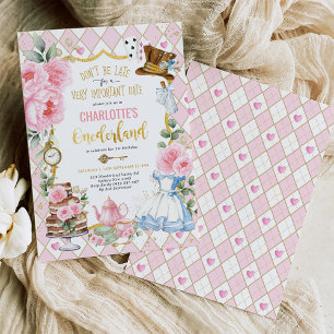 Rosa Alice i Onederland 1:a födelsedagen Tea Party Inbjudningar