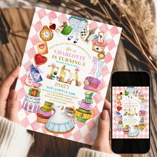 Rosa Alice i Underlandet 5-års födelsedagsinbjudan Inbjudningar (Skapare uppladdad)