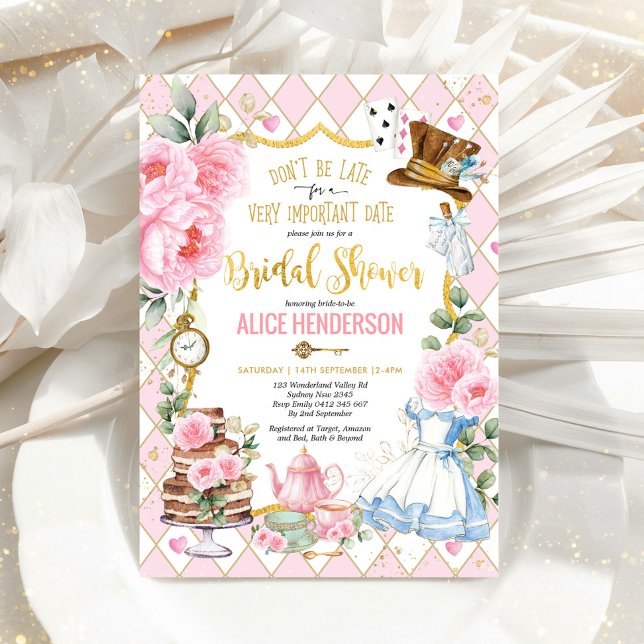 Rosa Alice i Wonderland Möhippa Tea Party Inbjudningar (Skapare uppladdad)