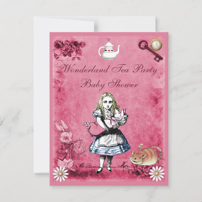 Rosa Alice i Wonderland Tea Party Baby Shower Inbjudningar (Framsida)