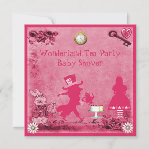 Rosa Alice i Wonderland Tea Party Baby Shower Inbjudningar