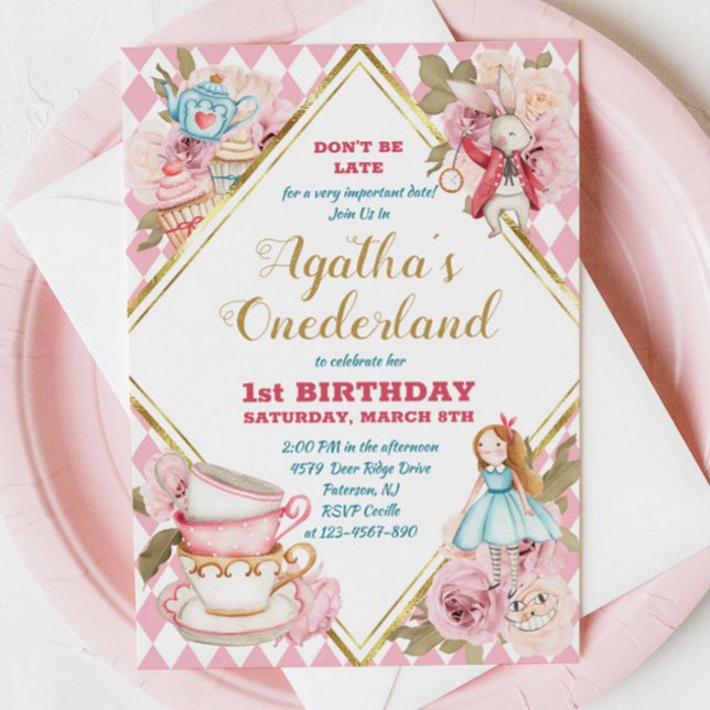 Rosa Alice i Wonderland Tea Party Birthday Invita Inbjudningar (Skapare uppladdad)