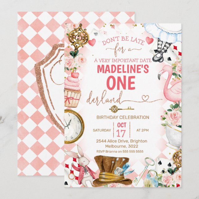 Rosa Alice in Onederland 1:a födelsedagsinbjudan Inbjudningar (Fram/baksida)