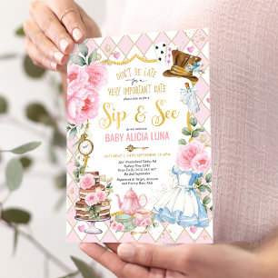 Rosa Alice på Wonderland Sip & Se Baby Shower Tea Inbjudningar