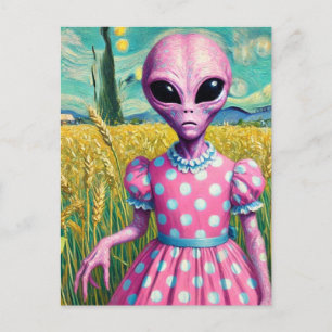Rosa Alien i en polkuddpunkt i Wheat Fält Vykort