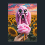 Rosa Alien Screams in Van Gogh Sunblomma Fält Vykort<br><div class="desc">En rosa utlänning skriker om att bomullskandy erbjuds till den med blå målade naglar i solrosen fält och en faux Van Gogh AI skapade konst</div>