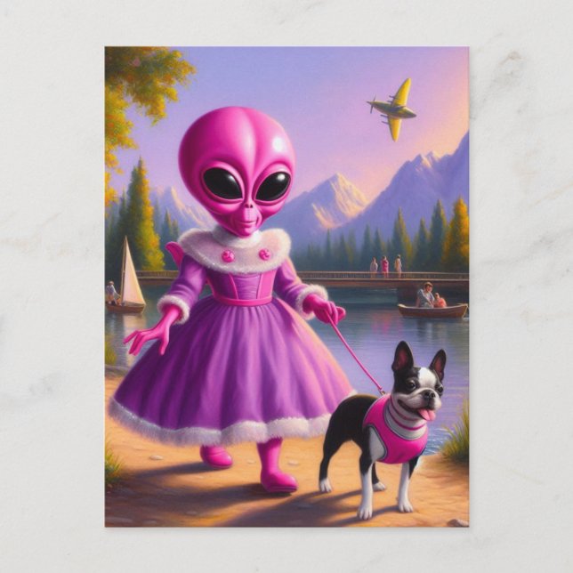 Rosa Alien Walking Her Boston Terrier i Sjö Vykort (Framsida)