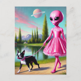 Rosa Alien Walking Her Boston Terrier Vykort