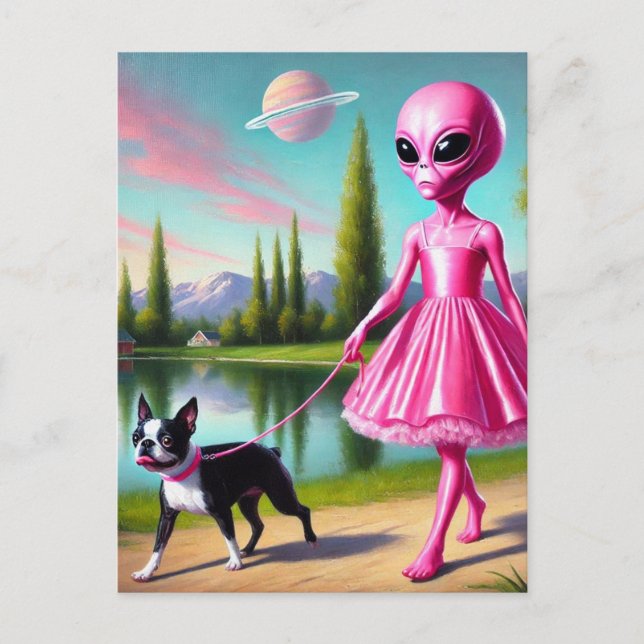 Rosa Alien Walking Her Boston Terrier Vykort (Framsida)