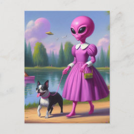 Rosa Alien Walks Her Boston Terrier Vykort