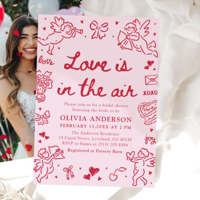 Rosa Alla hjärtans dag Kärlek är i luften Bröllops Inbjudningar (Pink Valentine Love is in the Air Bridal Shower Invitation)