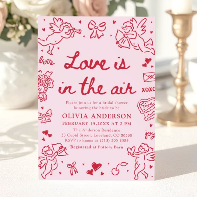 Rosa Alla hjärtans dag Kärlek är i luften Bröllops Inbjudningar (Pink Valentine Love is in the Air Bridal Shower Invitation)