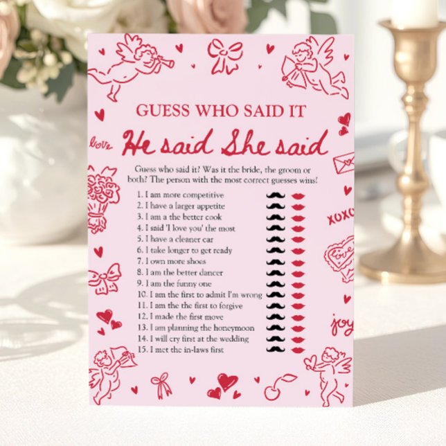 Rosa Alla Hjärtans-dagen Han sa, hon sa Bröllopsdu Inbjudningar (Pink Valentine He Said She Said Bridal Shower Game )