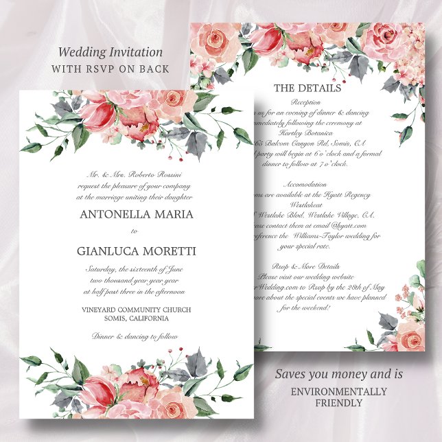 Rosa allt i en bröllopsinbjudan med OSA Inbjudningar (This wedding invitation with RSVP and Details saves you money and is environmentally friendly)