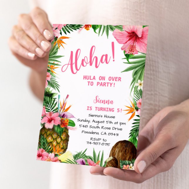 Rosa Aloha Birthday, Hawaiian Luau Tropical Inbjudningar (Skapare uppladdad)