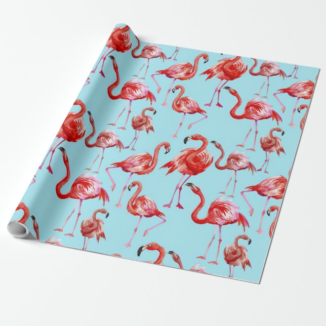 Rosa Aloha Flamingo Bird Mönster på Teal Presentpapper (Utrullad)