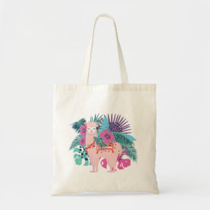 Rosa alpaca, lamatropiska löv och blommor tygkasse