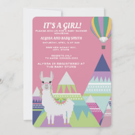Rosa Alpacka Ballong Baby Girl Bebis Shower Inbjudningar