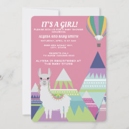 Rosa Alpacka Ballong Baby Girl Bebis Shower Inbjudningar
