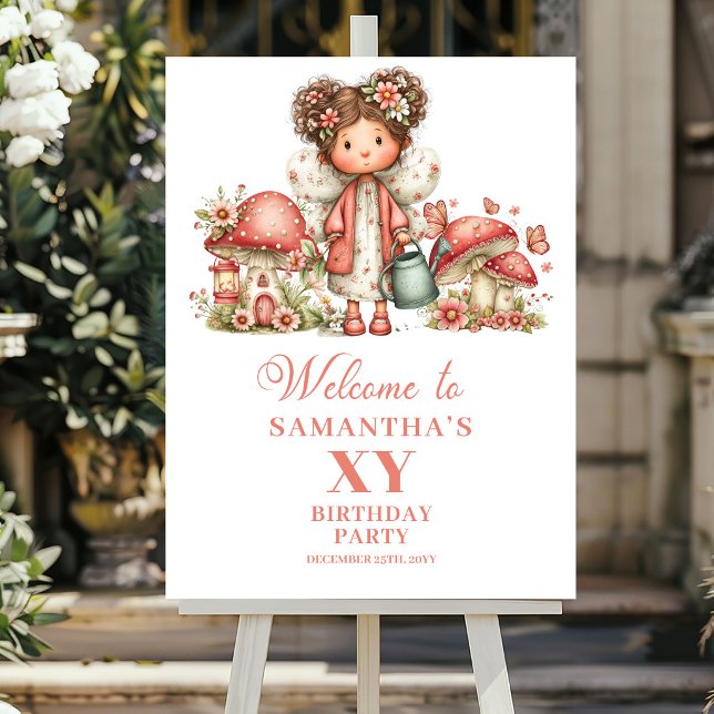 Rosa Älva 2-års Födelsedags Rodnad Blommor Välkoms Poster (Pink Fairy 2nd Birthday Blush Flowers Welcome Sign)