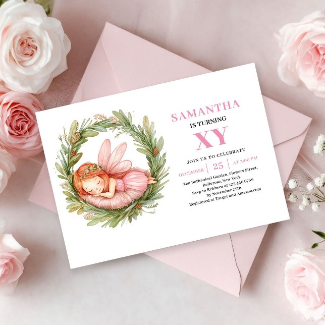 Rosa Älvan Flickans Födelsedags Magiska Blommiga I Inbjudningar (Pink Fairy Girl Birthday Magical Floral invitation)