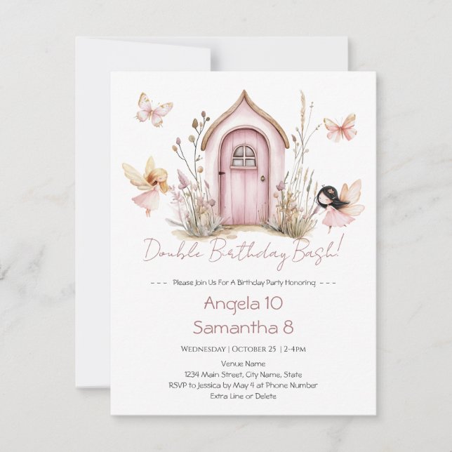 Rosa Älvor Dubbla Födelsedag Bash Kids Inbjudningar (Framsida)