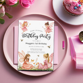 Rosa Älvor Woodland 1:a födelsedag Party Inbjudningar