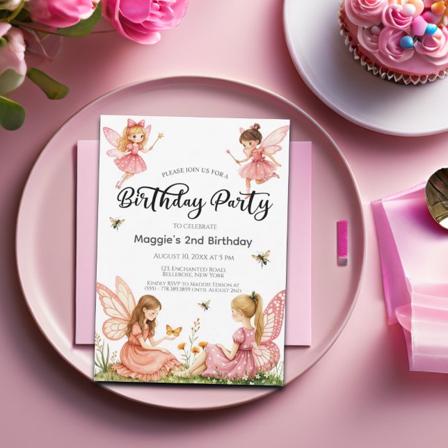 Rosa Älvor Woodland 2:a födelsedag Party Inbjudningar (Skapare uppladdad)