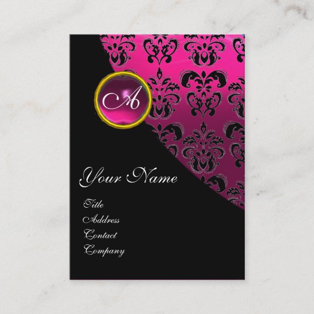 ROSA AMETHYST BLACK FUCHSIA DAMASK MONOGRAM VISITKORT (Framsida)