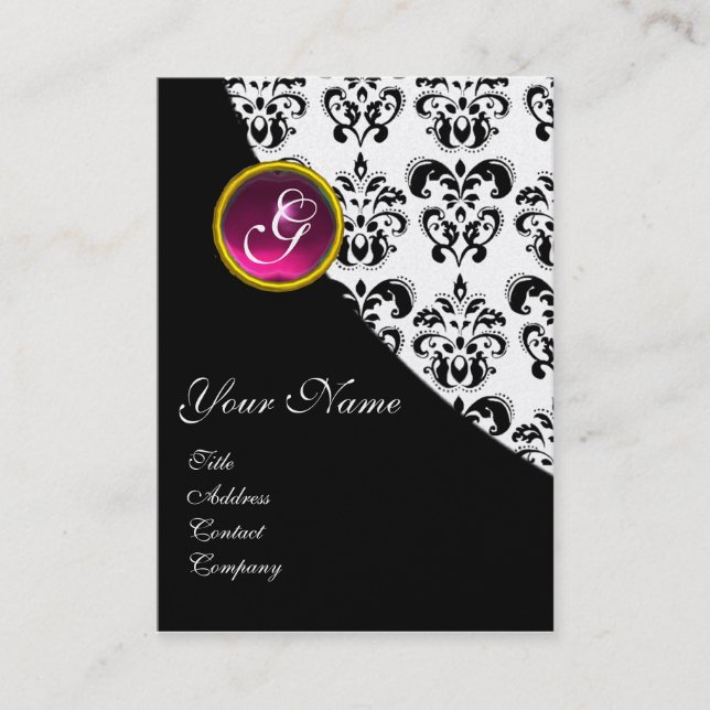 ROSA AMETHYST FUCHSIA BLACK WHITE DAMASK MONOGRAM VISITKORT (Framsida)