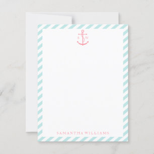 Rosa Anchor på monogrammade anteckningskort i Mint Inbjudningar