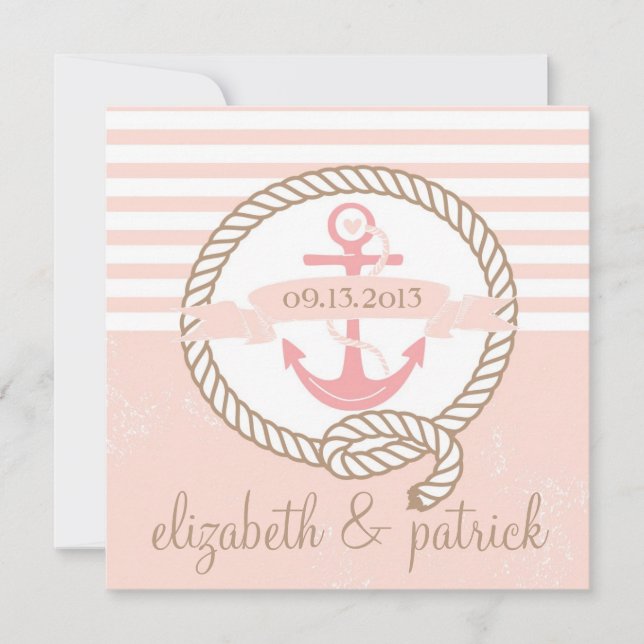 Rosa Anchor Rand Nautical Wedding bjudande in Inbjudningar (Framsida)