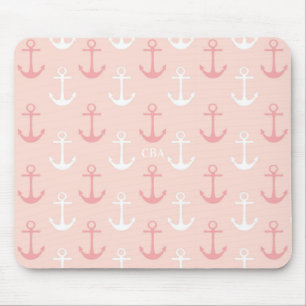 Rosa Anchors Mönster Monogram Mousepad Musmatta