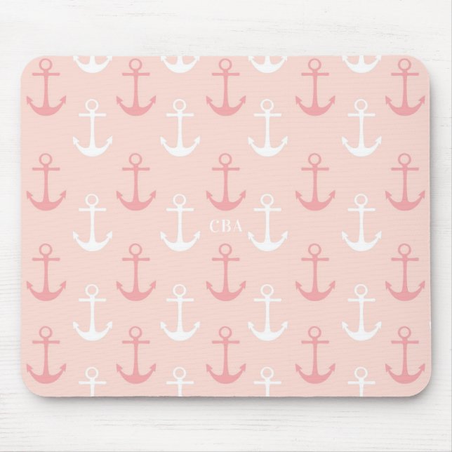 Rosa Anchors Mönster Monogram Mousepad Musmatta (Framsidan)