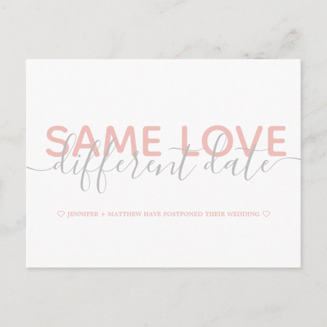 Rosa Ändra Datum Bröllop Typography Foto Meddelande Vykort (Framsida)