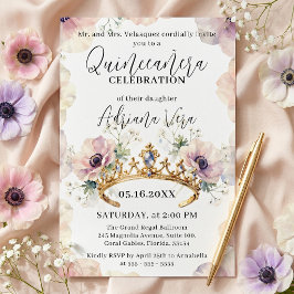 Rosa Anemon Guld Prinsessa Tiara Quinceañera Inbjudningar